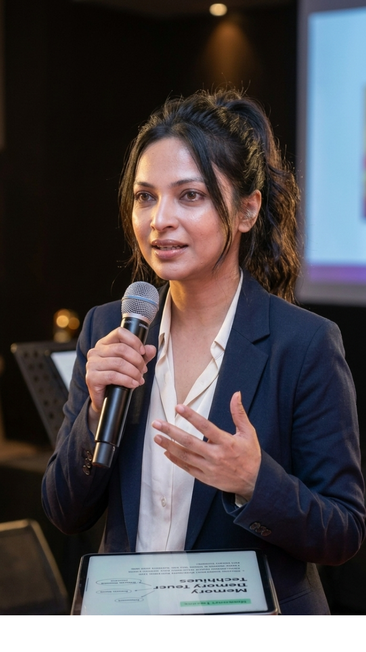 Oyendrilla Guptaa teaching memory techniques on stage